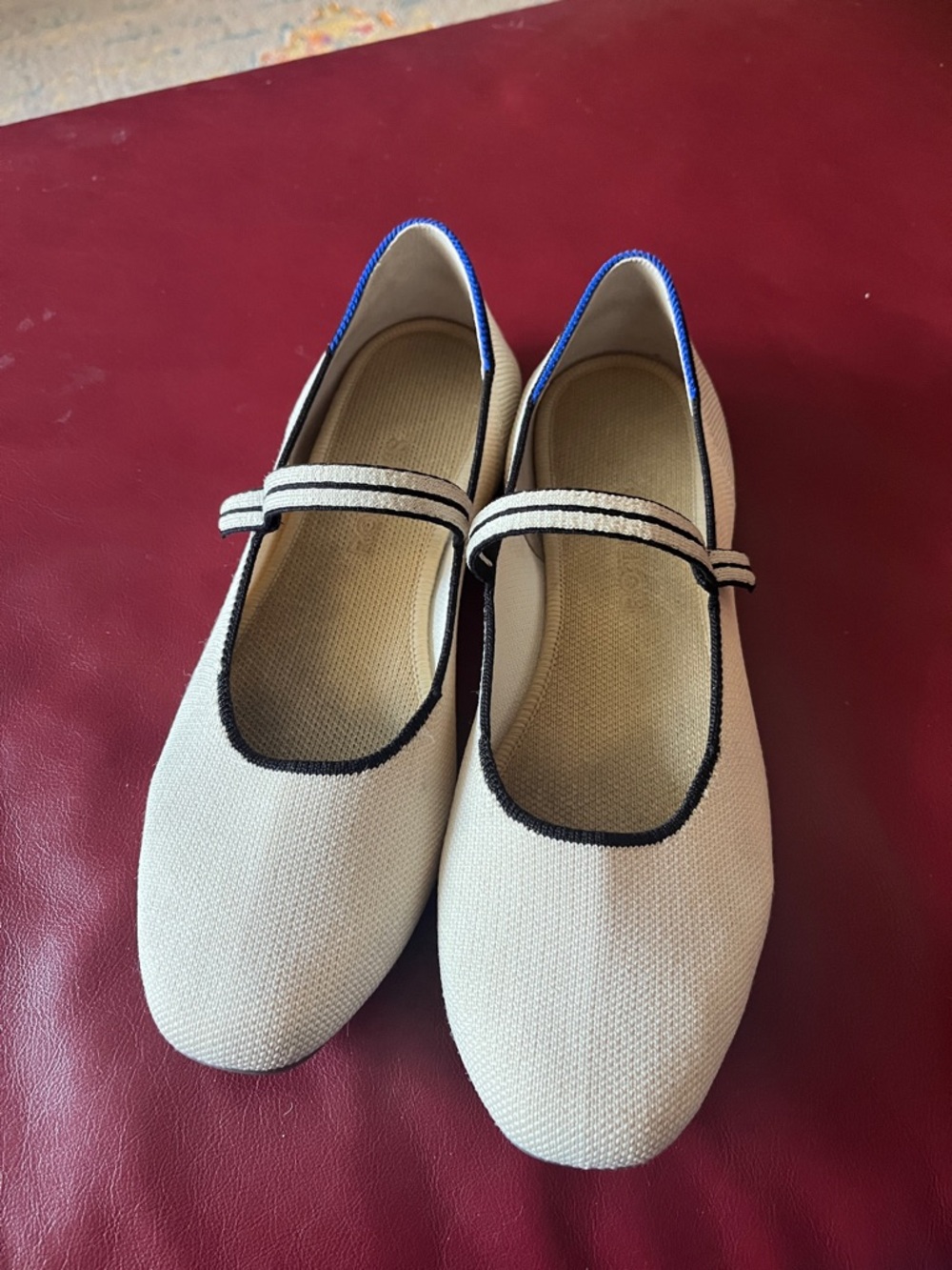 Rothy's Cream Mary Jane Flats with Black Trim and Blue Heel Accent, fits 8.5